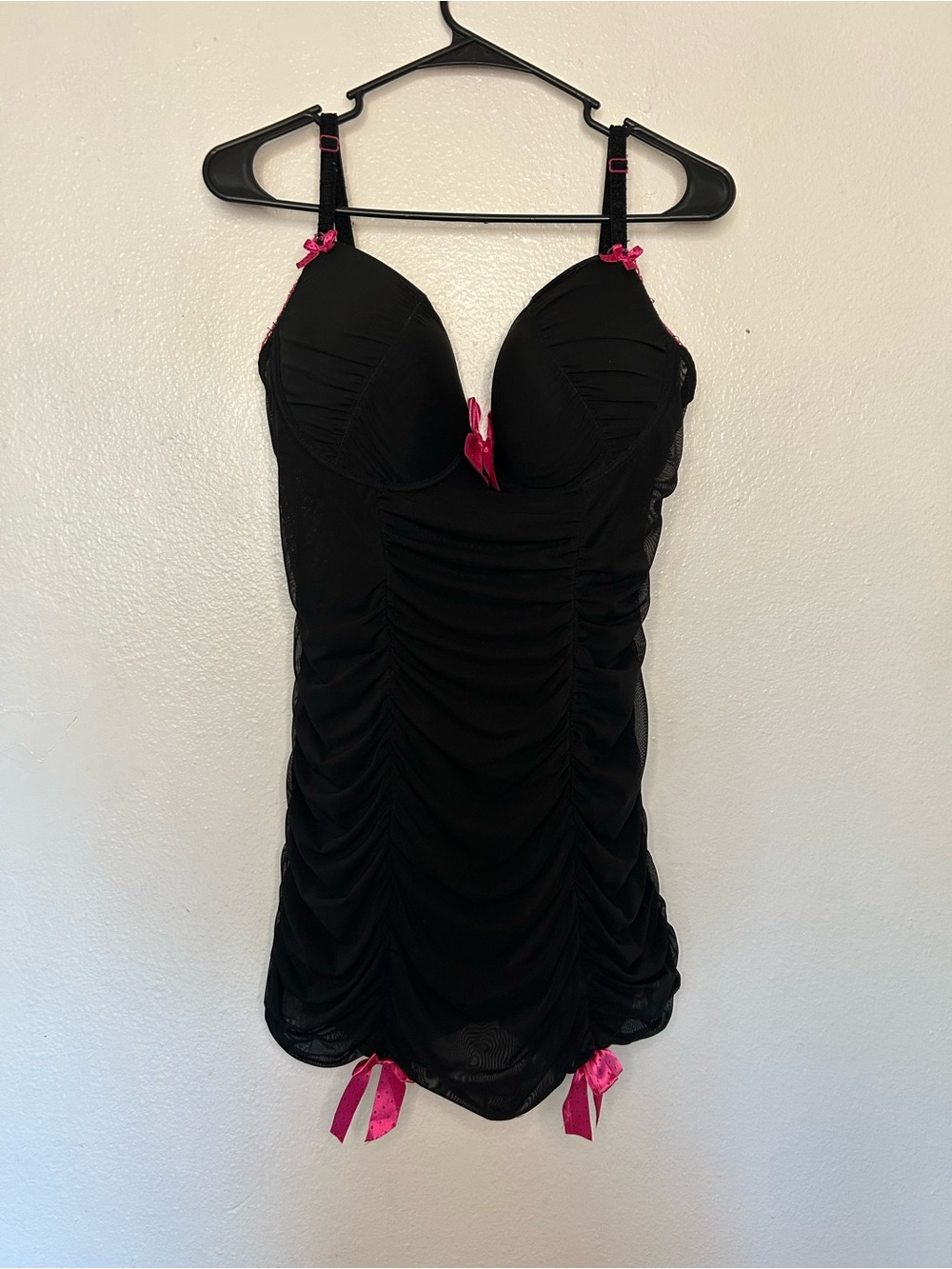 TORRID 1 Black Ruched Lingerie with Pink Bow Accents